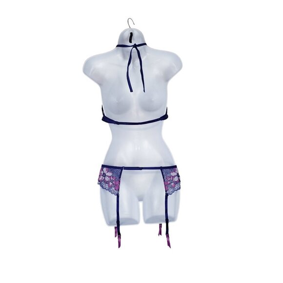 LoveHoney Set Halter Underwire Bra & Garter Purple Pink Floral OS One Size - Picture 2 of 8